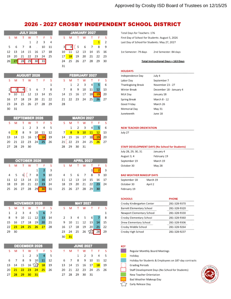Crosby Independent School District 26-27 Calendar