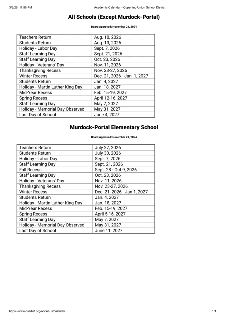 Cupertino Union School District 26-27 Calender