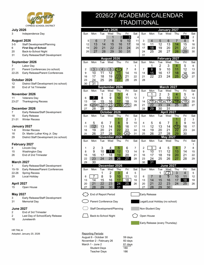 Cypress School District 26-27 CALENDAR