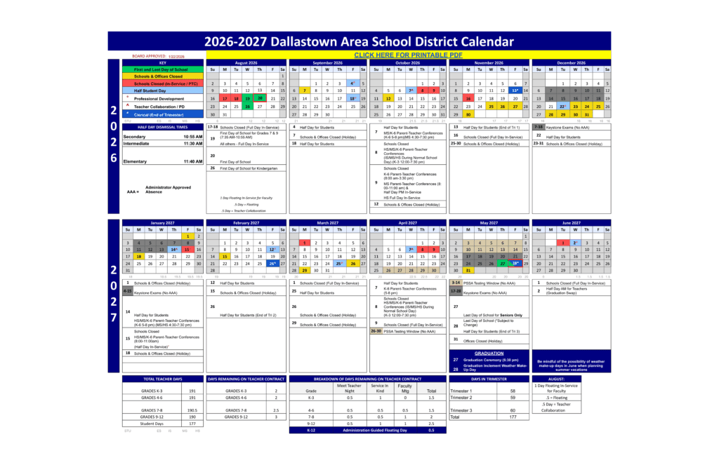 Dallastown Area School District 26-27 Calendar