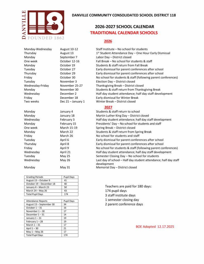 Danville Community Consolidated School District 118 26-27 Calendar