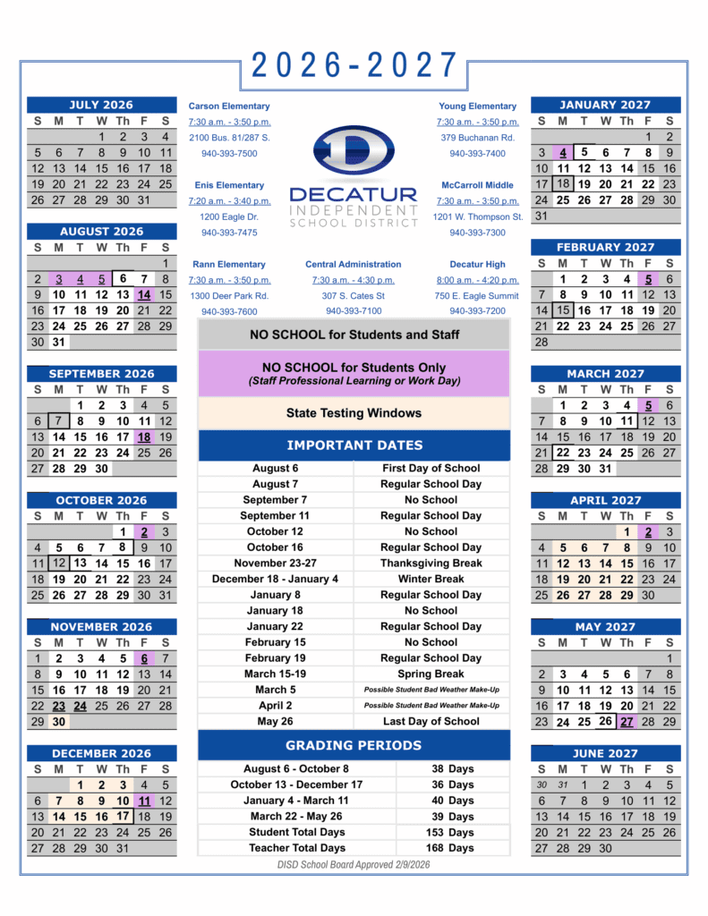 Decatur Independent School District 26-27 Calendar