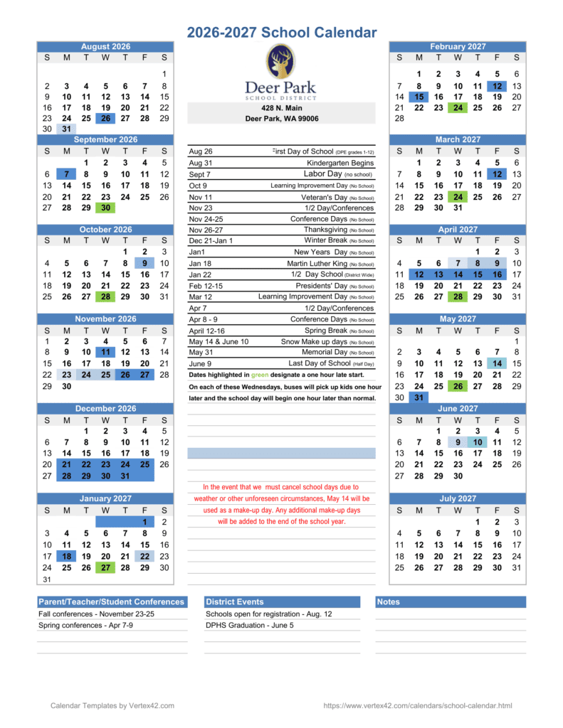 Deer Park School District 26-27 Calendar