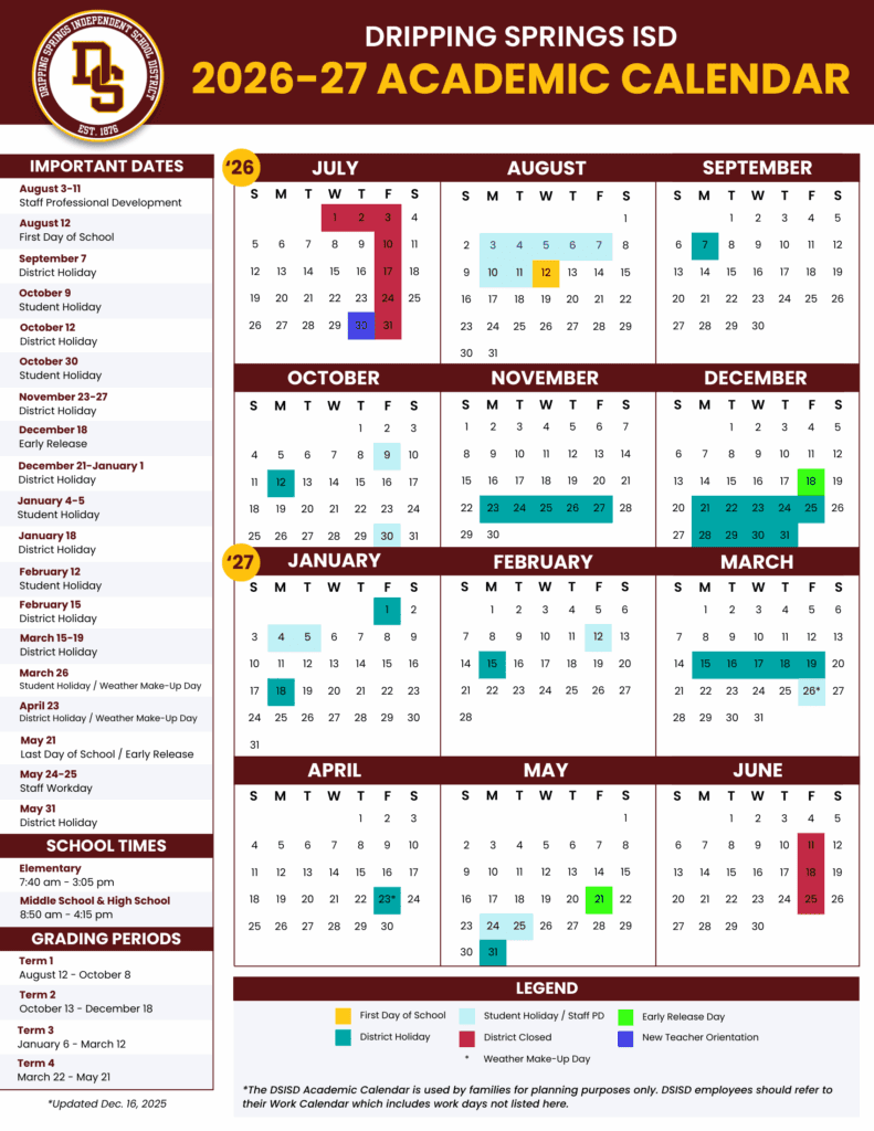 Dripping Springs ISD 26-27 Calendar