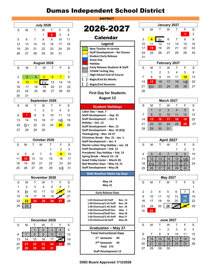 Dumas Independent School District 26-27 Calendar