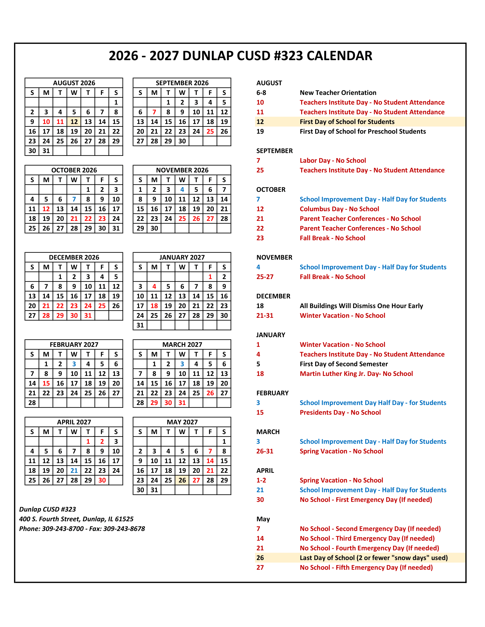 Dunlap CUSD #323 26-27 Calendar [PDF]