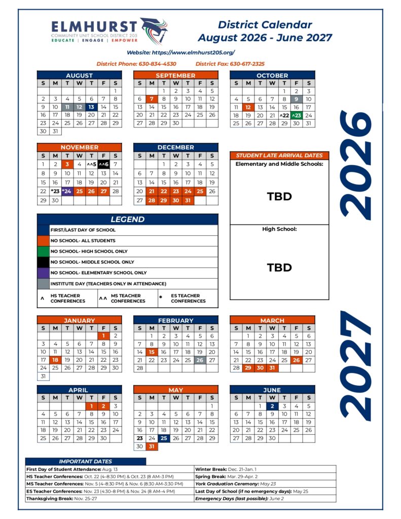 ELMHURST COMMUNITY UNIT SCHOOL DISTRICT 205 Calendar 2026-2027