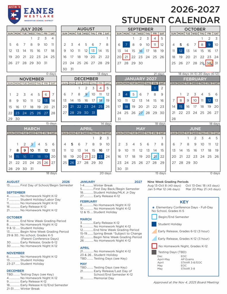 Eanes ISD 26-27 Calendar