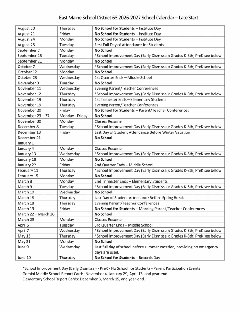 East Maine School District 63 26-27 Calendar