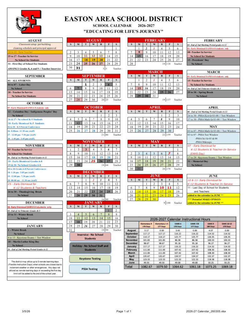 Easton Area School District 26-27 Calendar