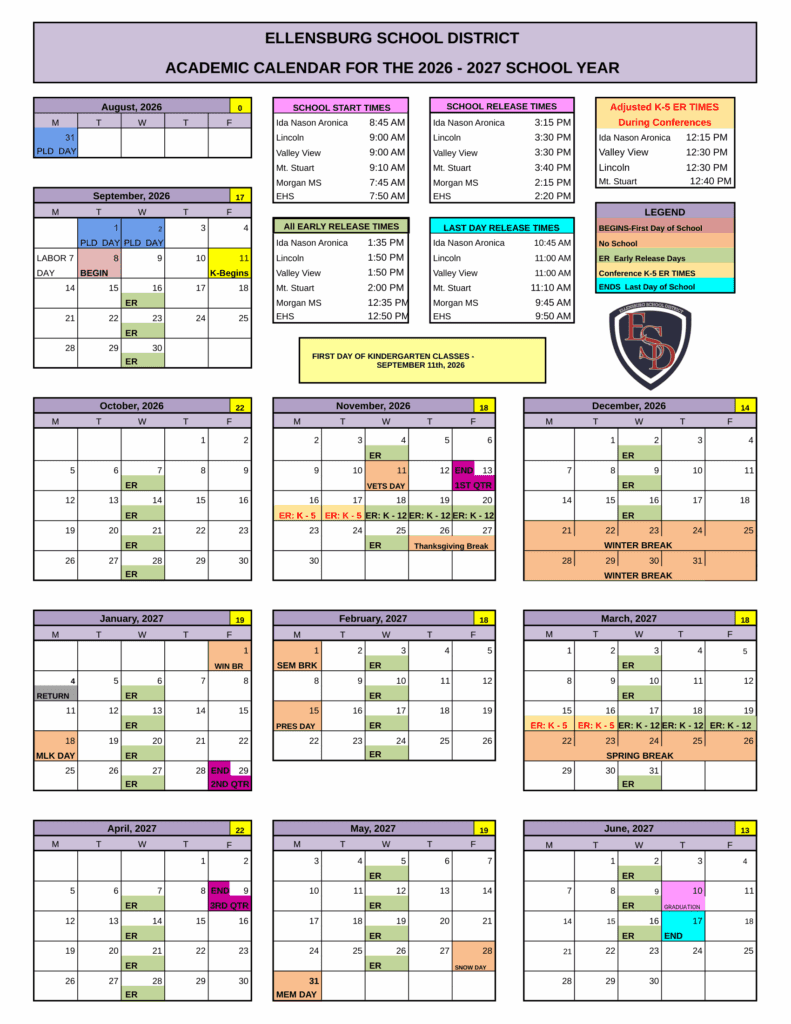 Ellensburg School District 26-27 Calendar