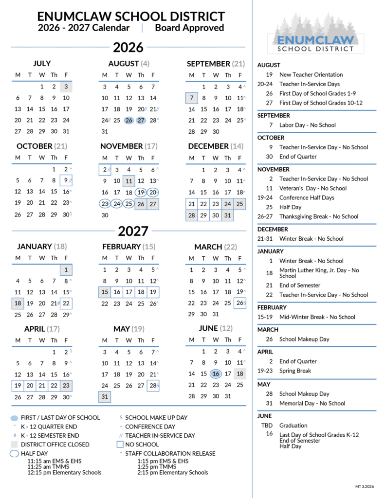 Enumclaw School District 26-27 Calendar