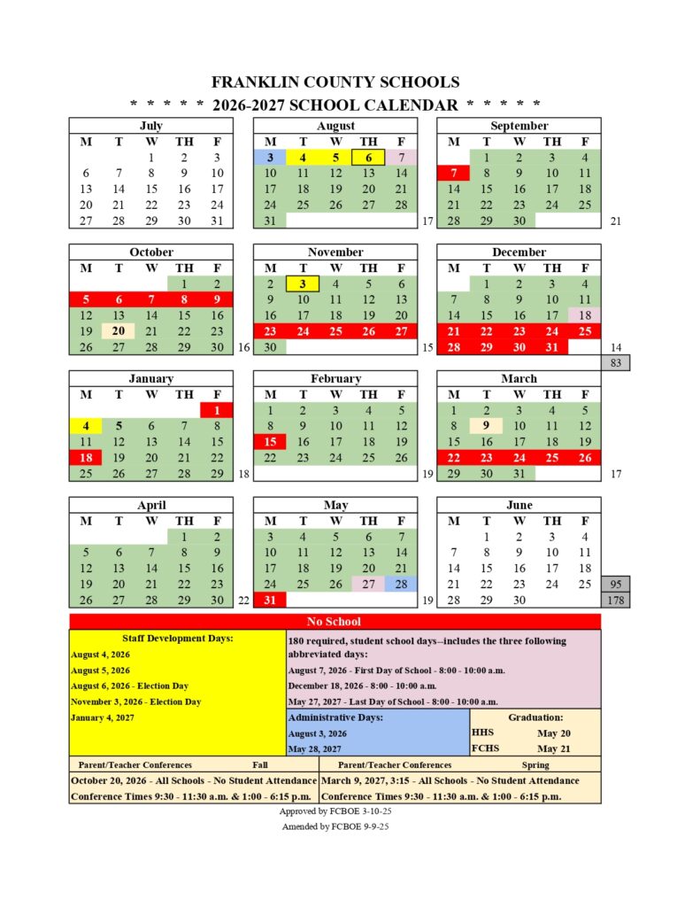 FRANKLIN COUNTY SCHOOLS Calendar 2026-2027