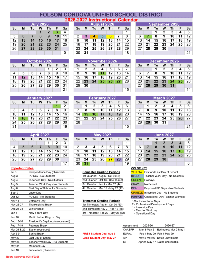 Folsom Cordova Unified School District 26-27 Calender