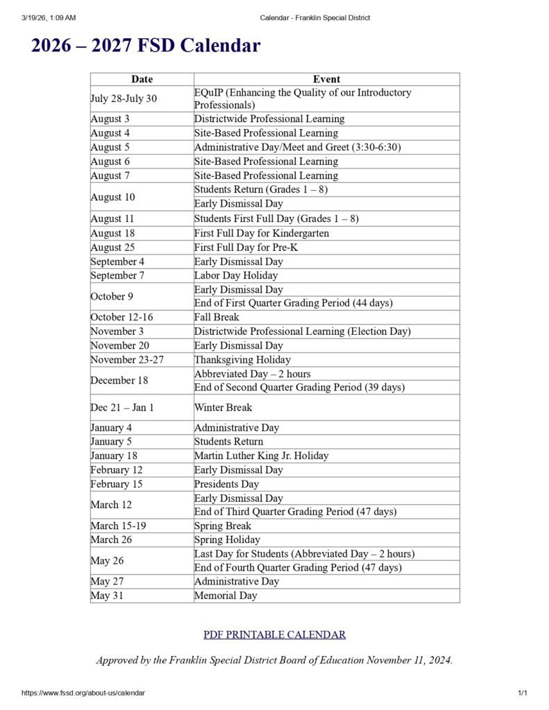 Franklin Special District 2026-2027 Calendar