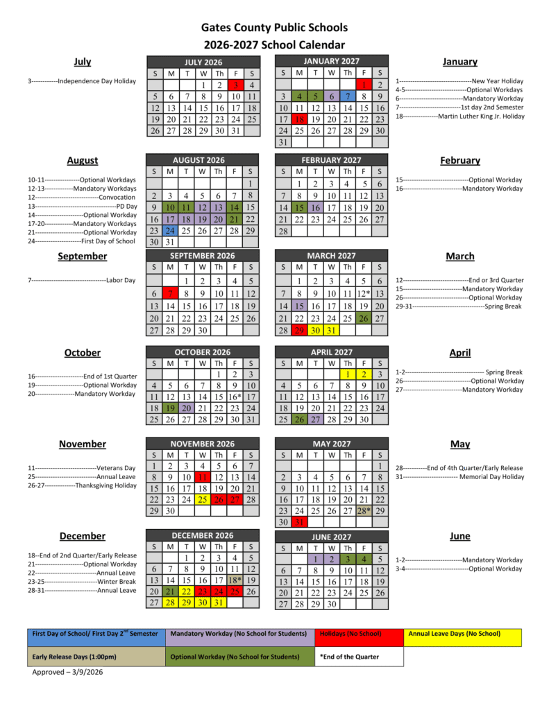 Gates County Public Schools 26-27 Calendar