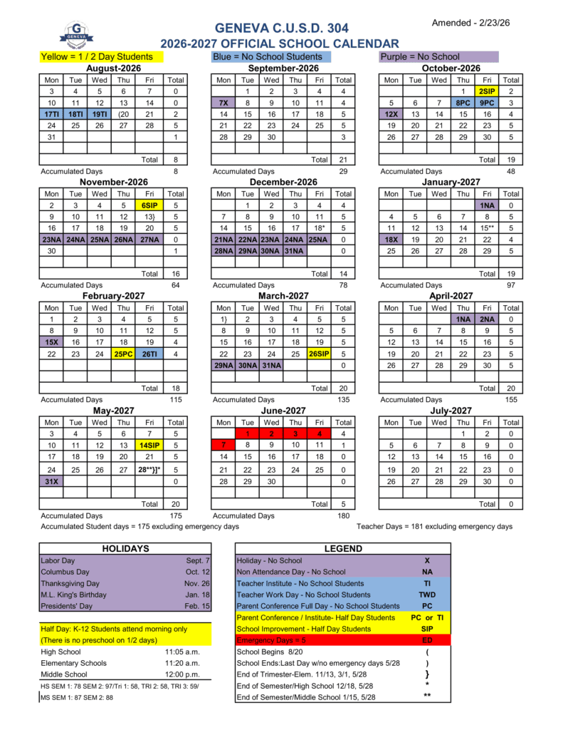 Geneva C.U.S.D. 304 26-27 Calendar