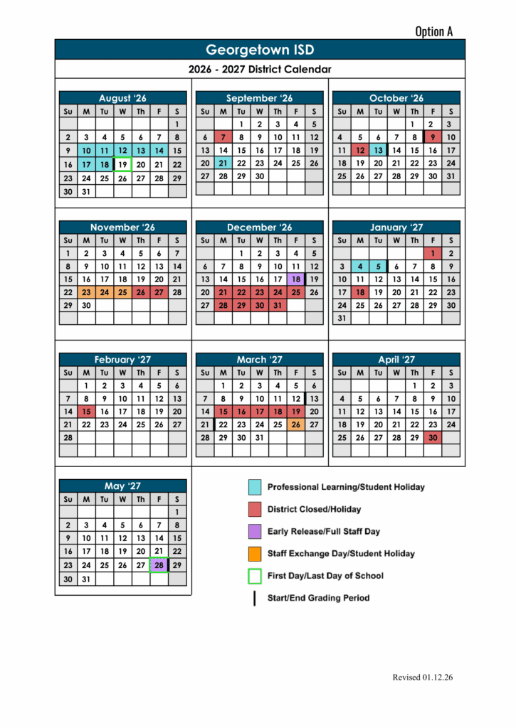 Georgetown ISD 26-27 Calendar