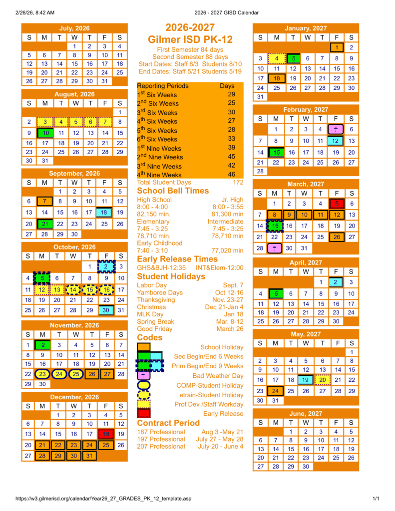 Gilmer ISD PK-12 26-27 Calendar
