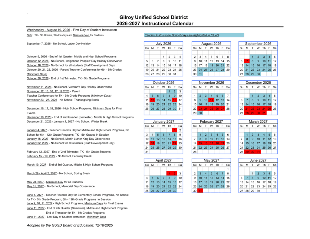 Gilroy Unified School District 26-27 Calender