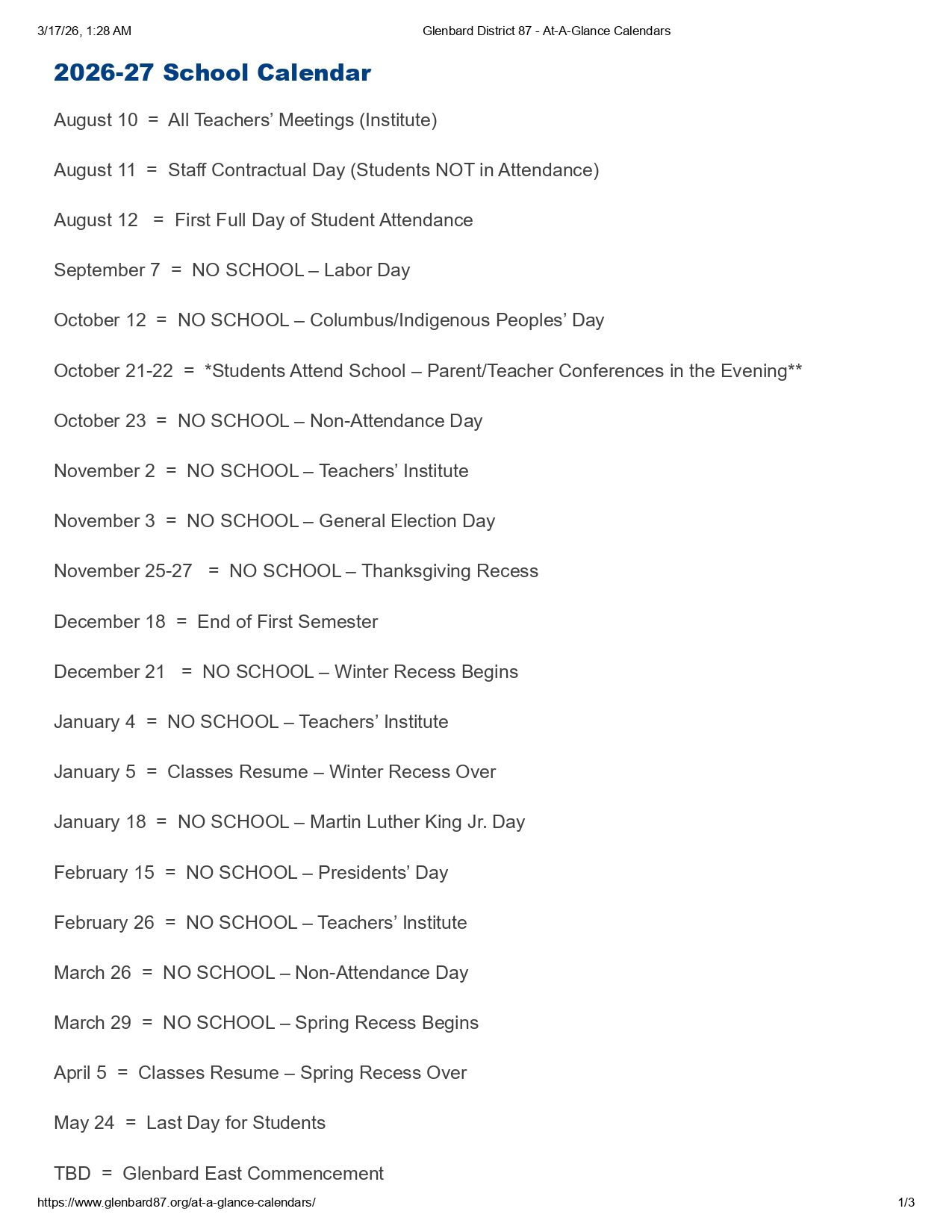 Glenbard District 87  Calendar 26-27 Revised [PDF]
