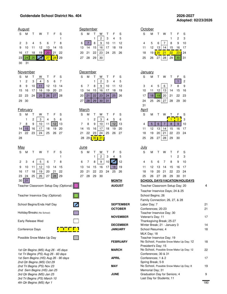 Goldendale School District No. 404 26-27 Calendar
