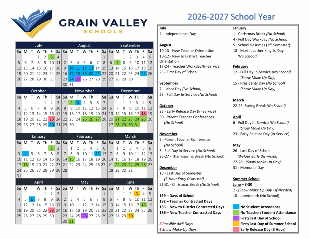 Grain Valley Schools 26-27 Calendar