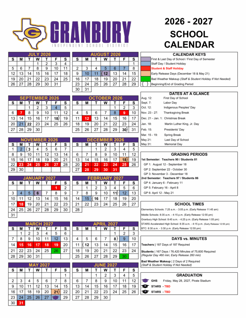 Granbury Independent School District 26-27 Calendar