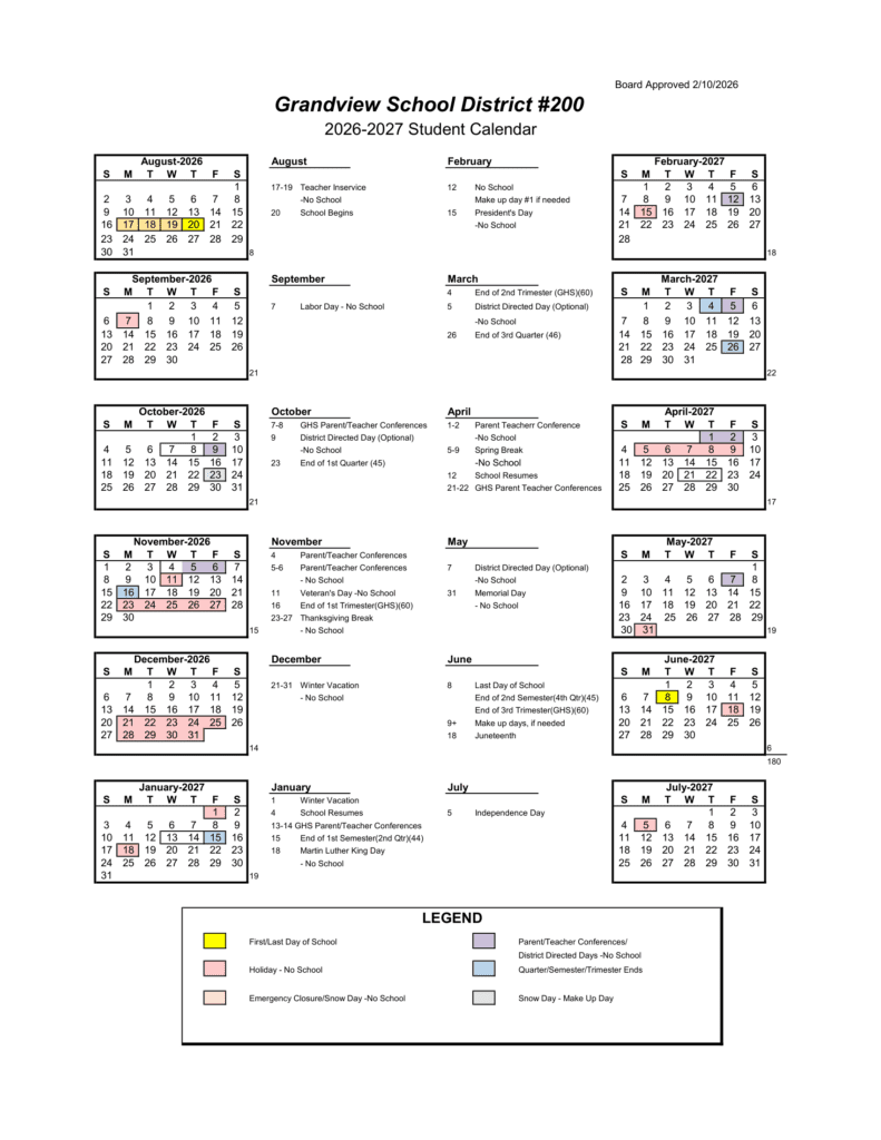 Grandview School District #200 26-27 Calendar