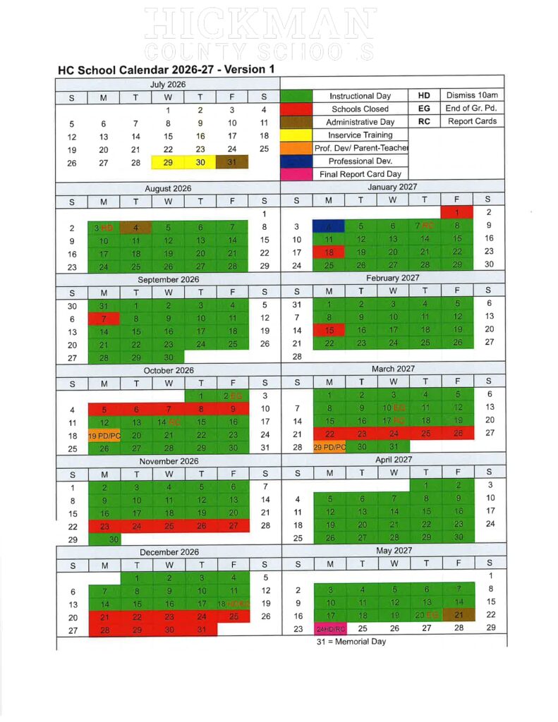 HICKMAN COUNTY SCHOOLS Calendar 2026-2027