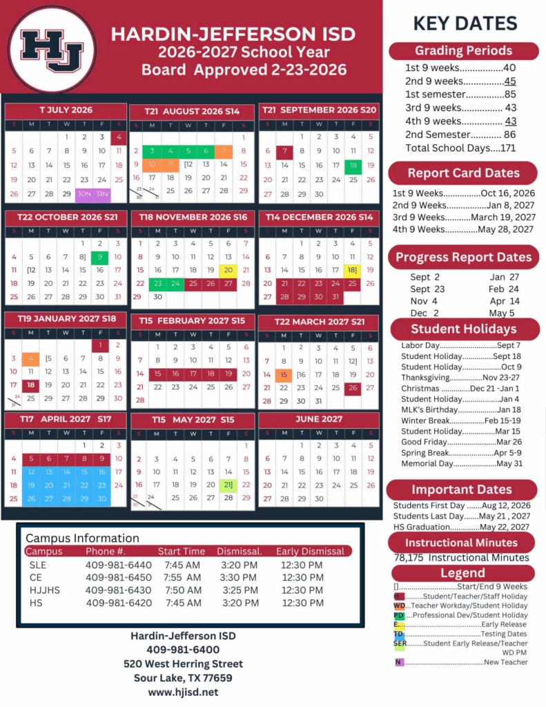 Hardin-Jefferson ISD 26-27 Calendar