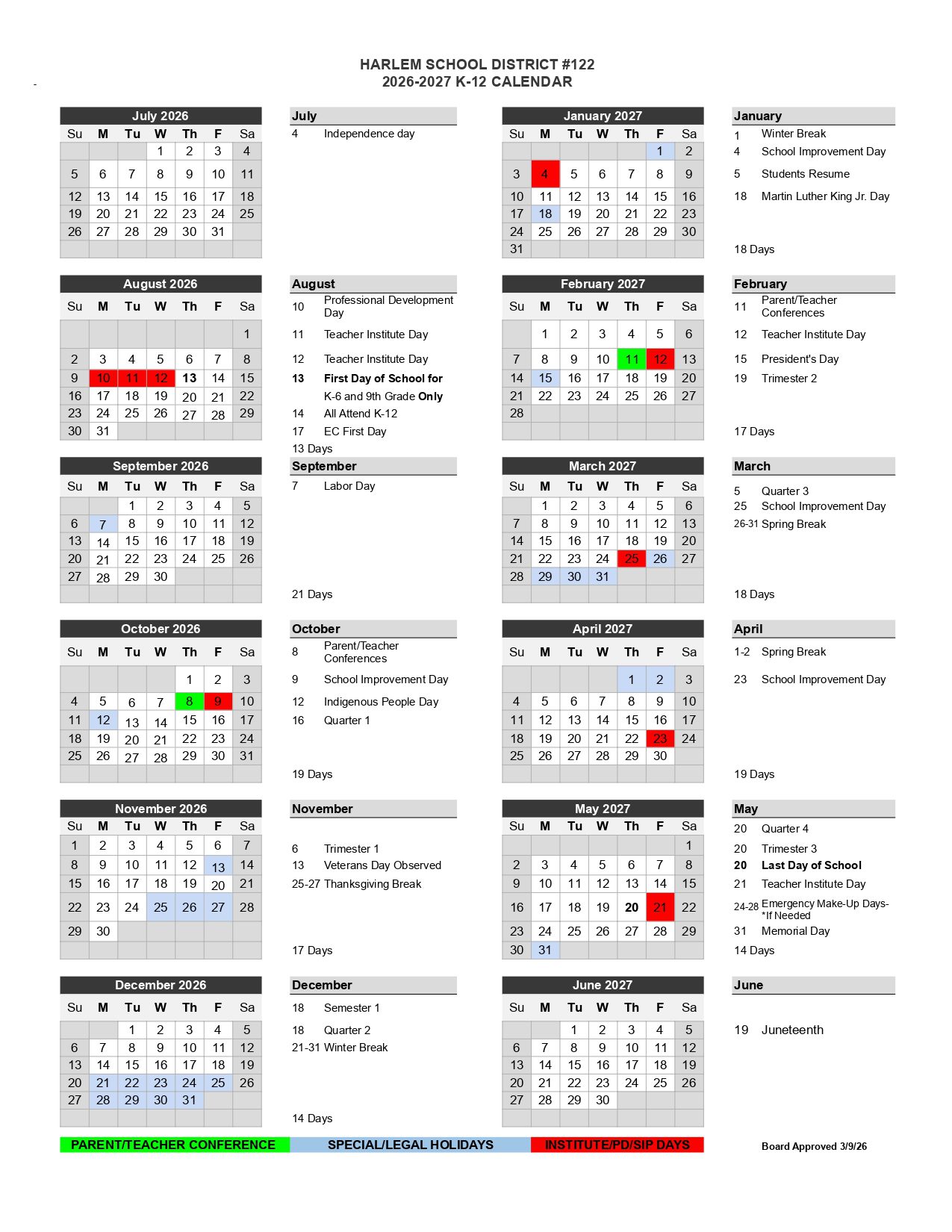 Harlem school district 122  Calendar 26-27 Revised [PDF]