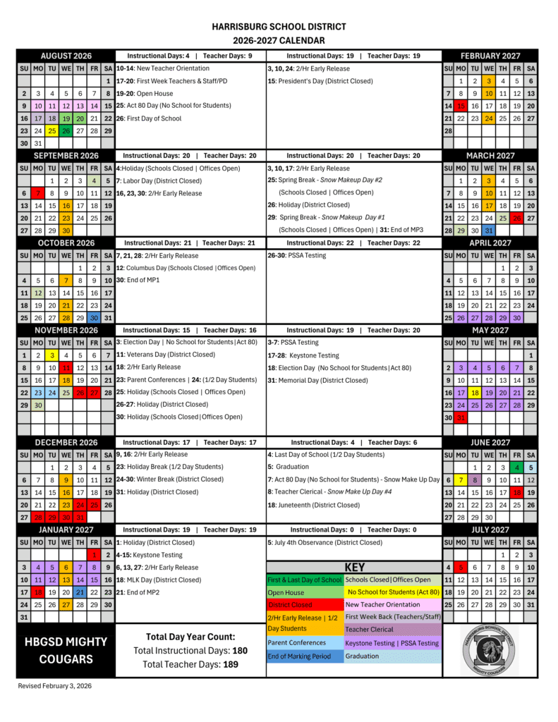 Harrisburg School District 26-27 Calendar