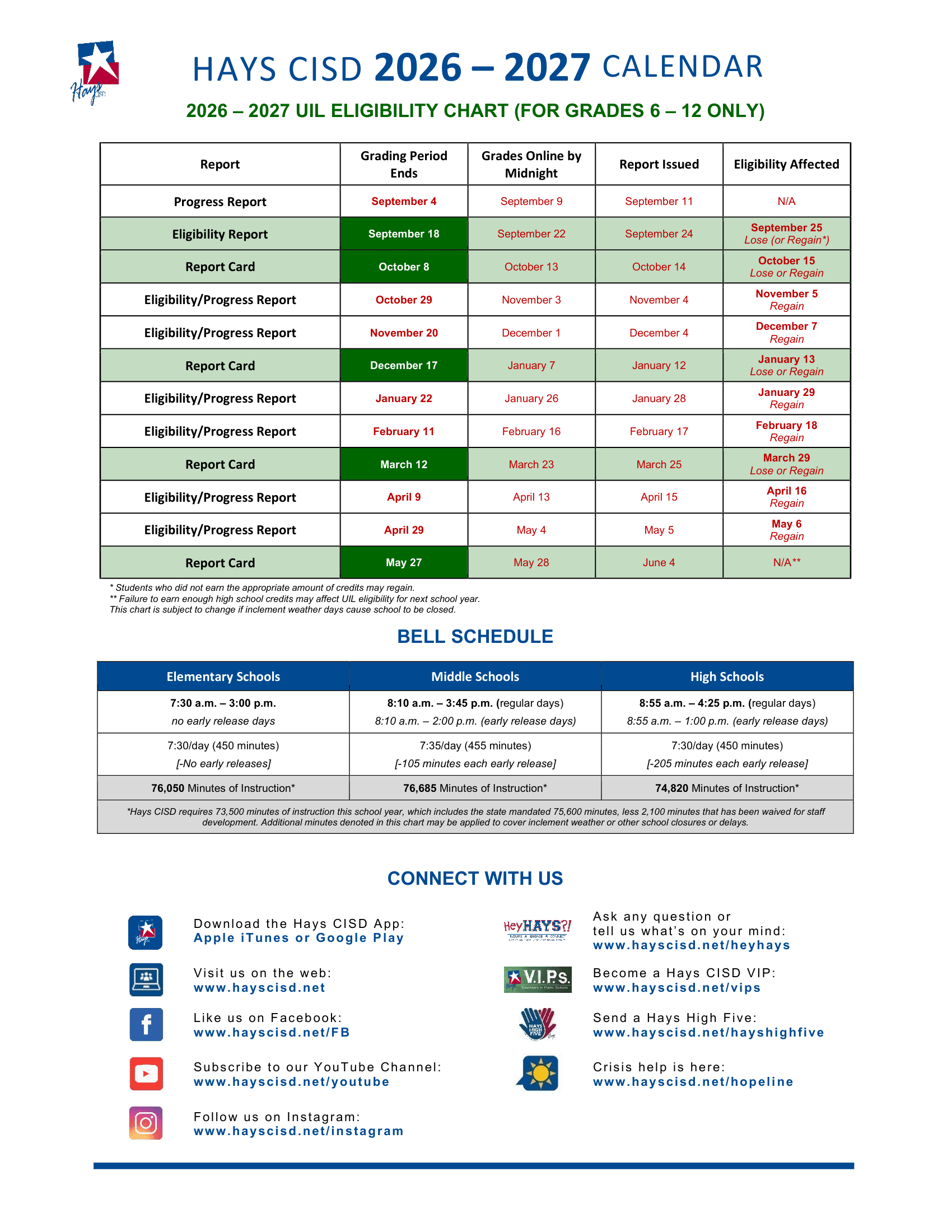 Hays CISD  Calendar 26-27 Updated 