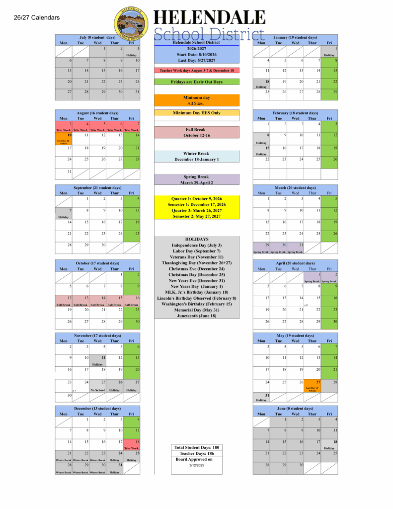 Helendale School District 26-27 Calender