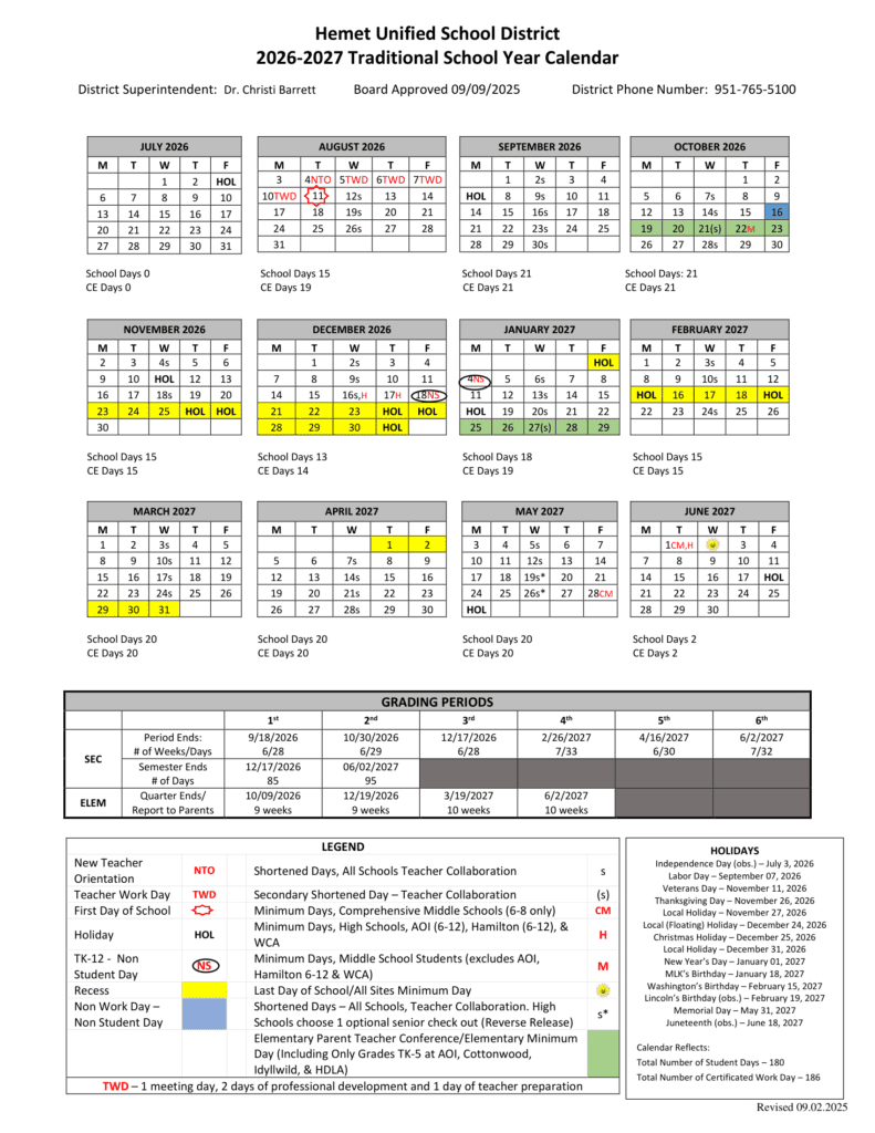 Hemet Unified School District 26-27 Calender