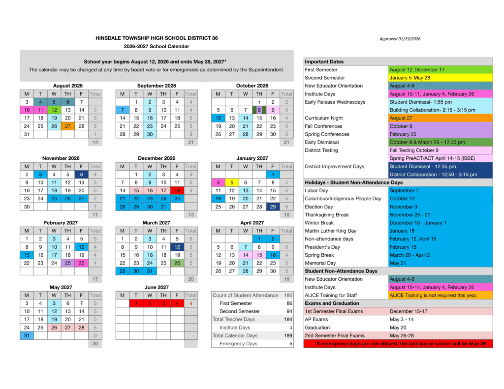 Hinsdale Township High School District 86 26-27 Calendar