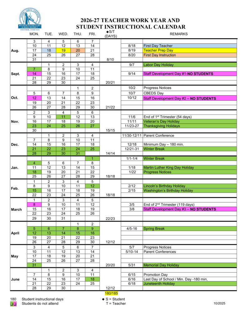 Hueneme Elementary School District 26-27 Calendar