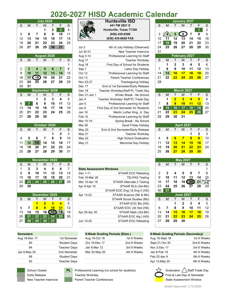 Huntsville ISD 26-27 Calendar