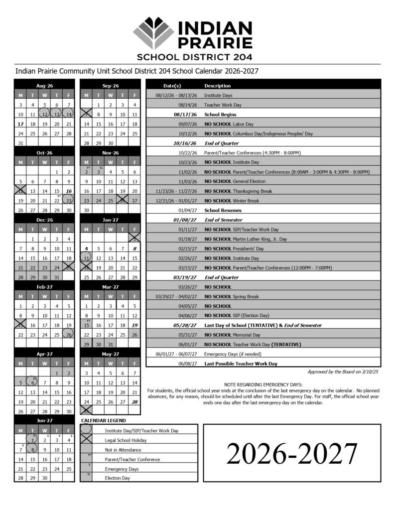 Indian Prairie Community Unit School District 204 26-27 calendar