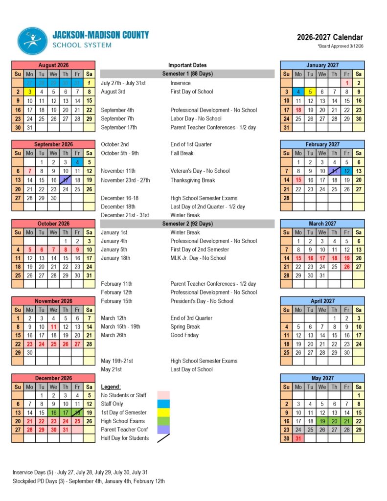 Jackson-Madison County School System Calendar 2026-2027