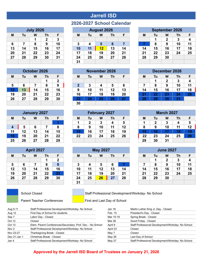 Jarrell Independent School District 26-27 Calendar