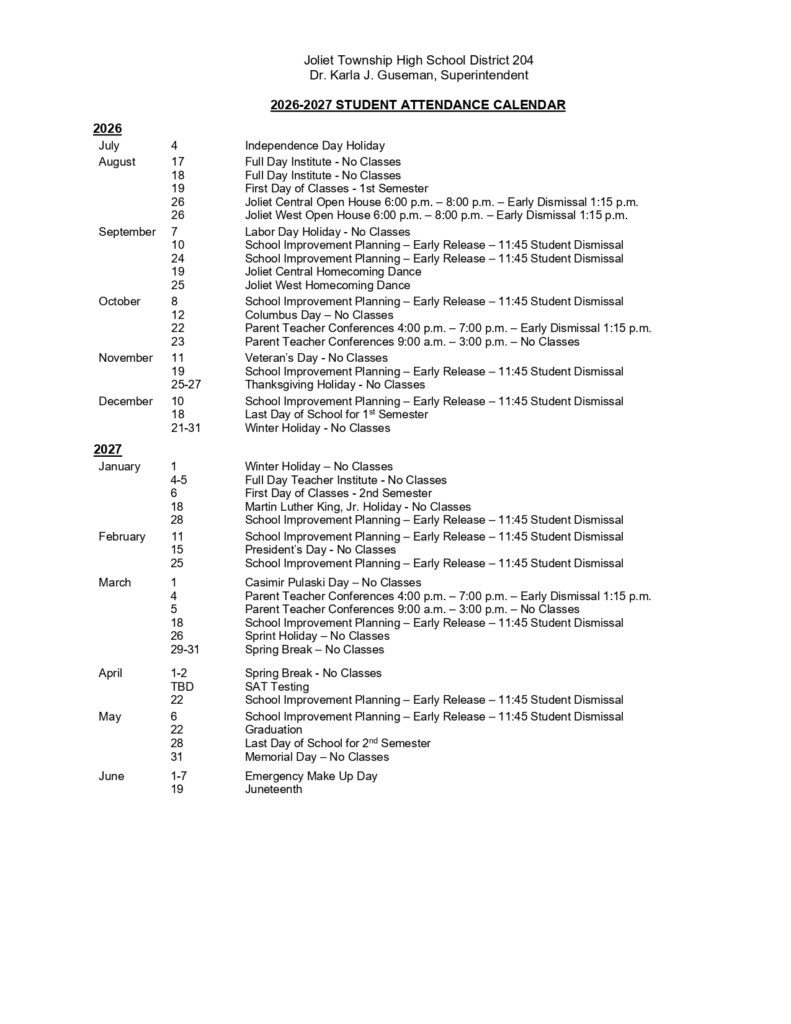 Joliet Township High School District 204 Calendar 2026-2027