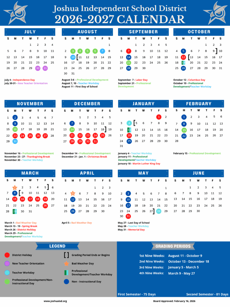 Joshua Independent School District 26-27 Calendar