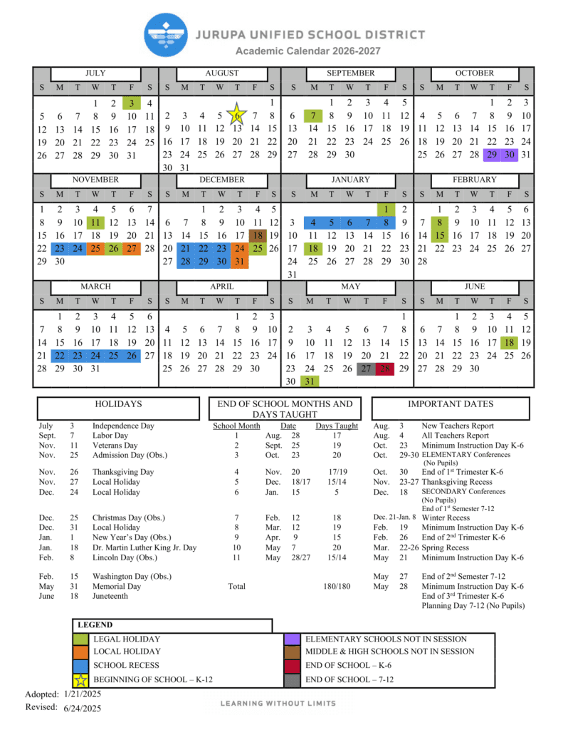 Jurupa Unified School District 26-27 Calender