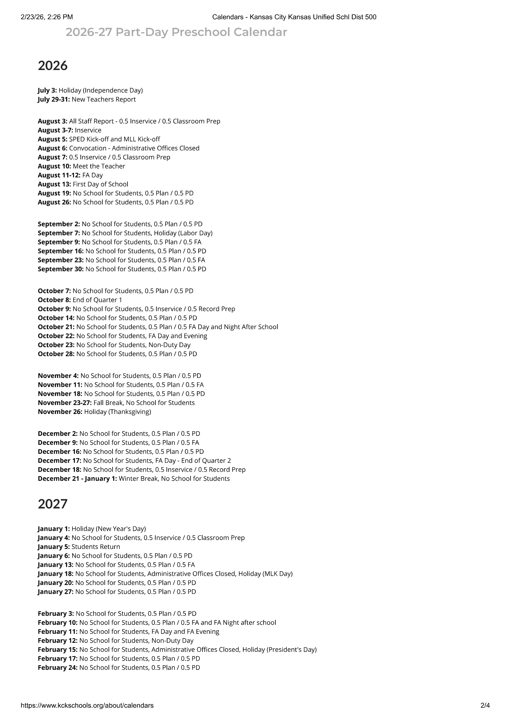 Kansas City Unified School District 500 26-27 Calendar Updated