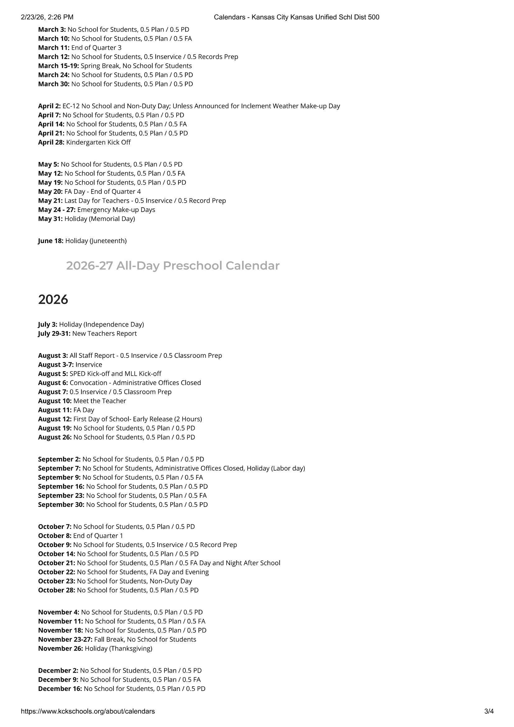 Kansas City Unified School District 500 26-27 Calendar Updated