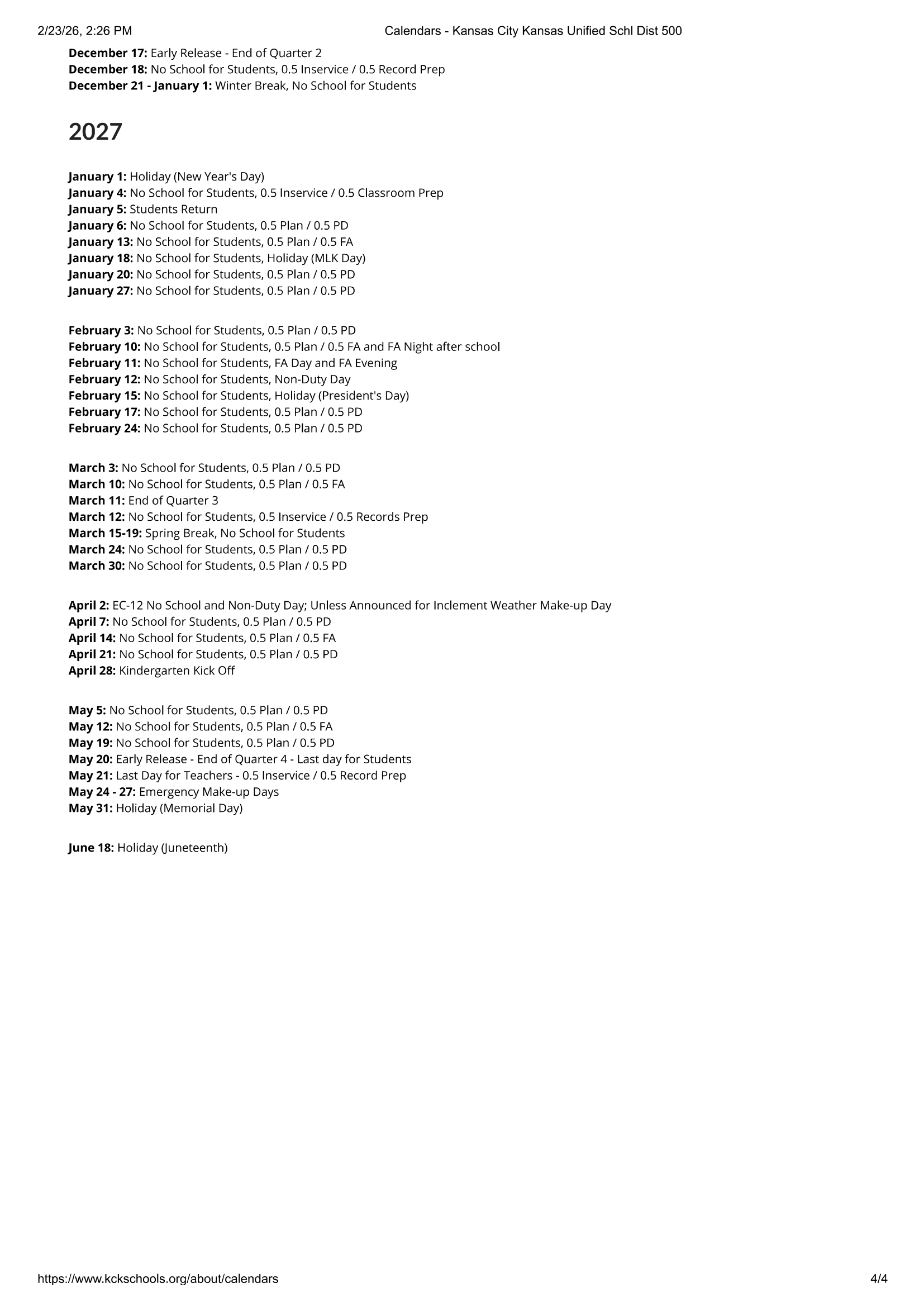 Kansas City Unified School District 500 26-27 Calendar Updated