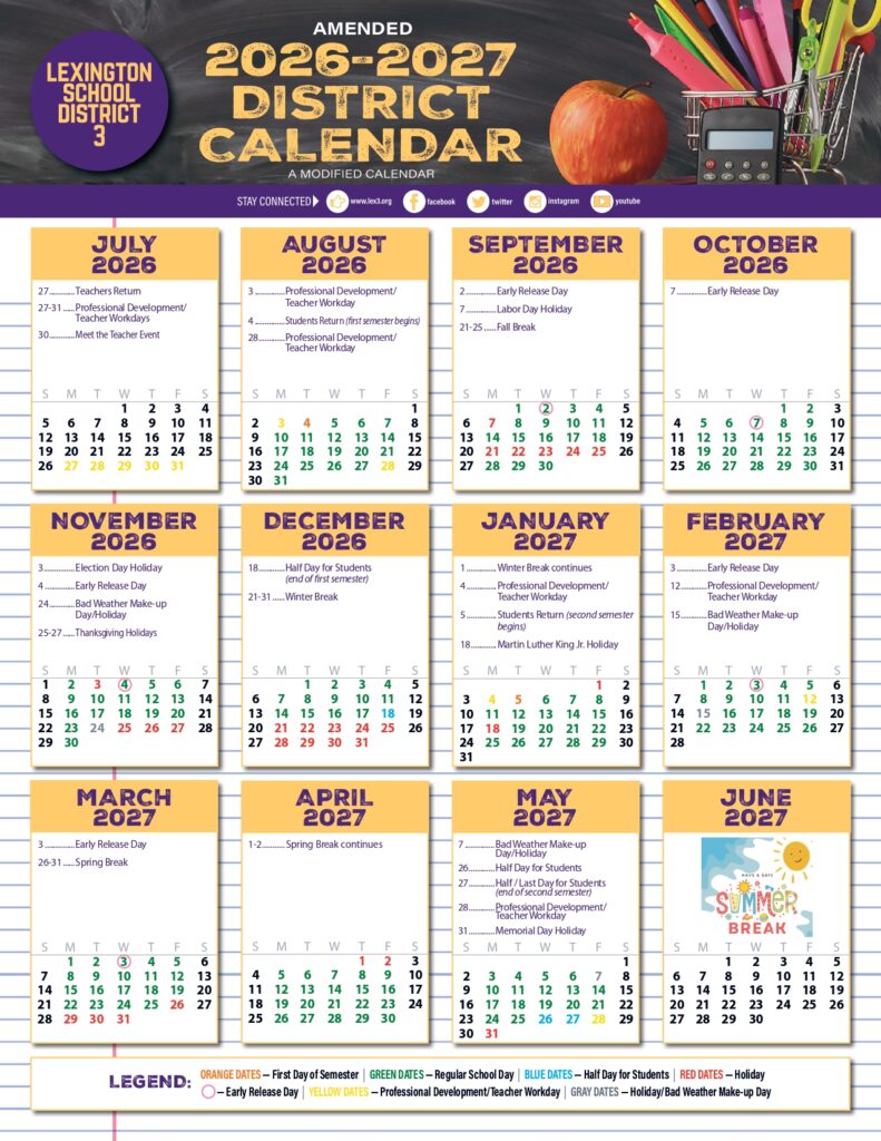 LEXINGTON SCHOOL DISTRICT 3 Calendar 2026-2027