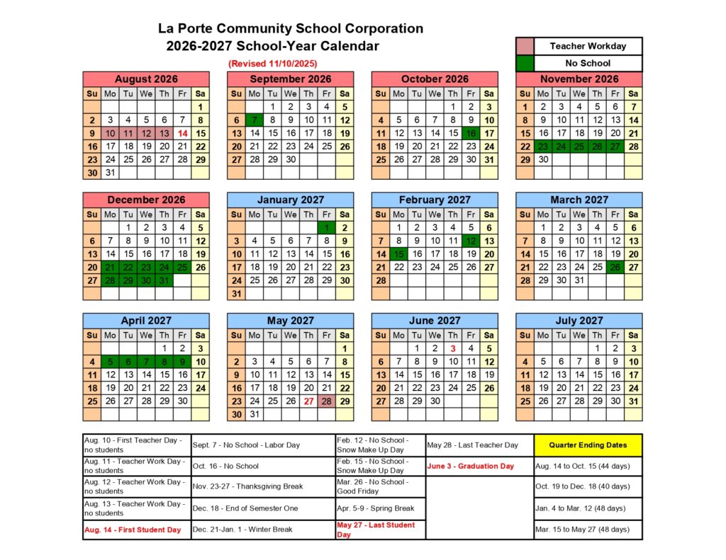 La Porte Community School Corporation Calendar 2026-2027